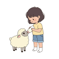A child feeding a sheep with a bottle in a cute, illustrated style.
