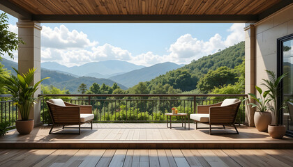 Wooden balcony with chairs and mountain view deck furniture