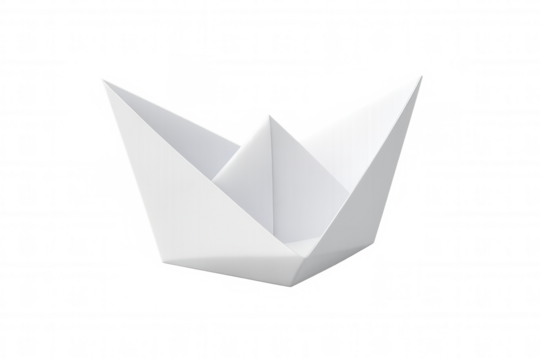 White paper boat folded from paper, symbolizing childhood, freedom, adventure, dreams, and journey, isolated on transparent background