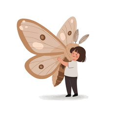 A child joyfully embraces a large, whimsical moth.