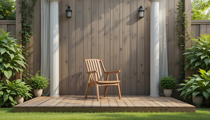 Wooden chair on deck with plants and columns outdoor garden