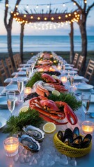 Obraz premium Luxurious Outdoor Seafood Dinner Table Setup by the Beach with Fresh Crab, Oysters, and Mussels under String Lights at Sunset