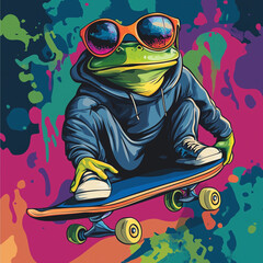 Funny cool frog in hoodie riding a skateboard in vibrant pop art style