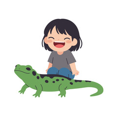 A cheerful child sitting on a green salamander, showcasing a playful interaction.
