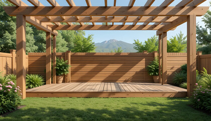 Wooden deck and pergola with mountain view in a green garden outdoor