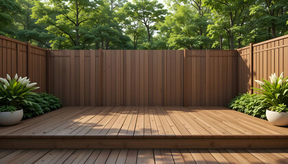Wooden deck with green foliage and brown fence background outdoor backyard