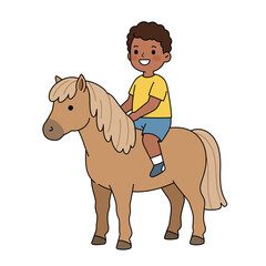 A cheerful boy riding a pony, showcasing joy and connection with animals.