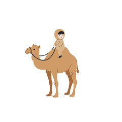 A cartoon illustration of a child riding a camel, depicting a playful scene.
