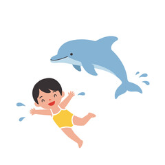 A cheerful child swimming with a dolphin, showcasing joy and playfulness in water.