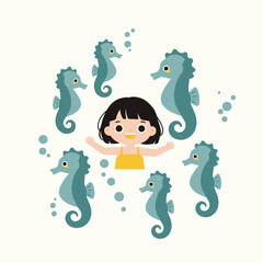 A cheerful girl surrounded by playful seahorses in a whimsical underwater scene.