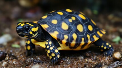 Obraz premium Yellow-spotted tortoise walking, forest floor, close-up, wildlife