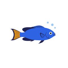A simple illustration of a blue fish with bubbles.