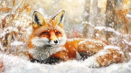 Red fox resting snowy winter forest, snowfall background, holiday card