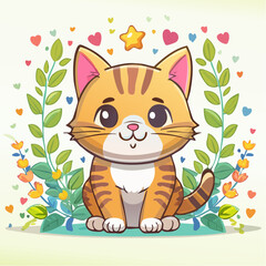 Obraz premium An adorable orange tabby cat cartoon character sitting happily within a decorative floral wreath with colorful hearts and a star.