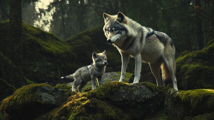 Obraz premium Wolf pup and mother on mossy rocks in forest