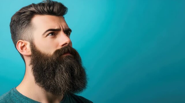 Caucasian male with full beard and stylish haircut against blue background