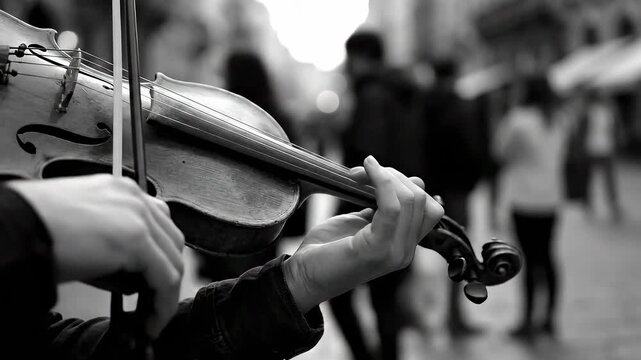 Musician playing the violin on a busy street