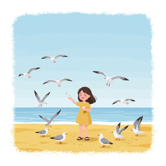 A girl feeds seagulls on a beach, enjoying a sunny day by the ocean.