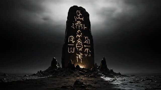 Mysterious Rune Stone Illuminated In A Dark Landscape