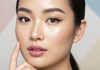 Fototapeta premium Close-up Portrait of Young Asian Woman with Flawless Skin, Natural Makeup, and Radiant Glow