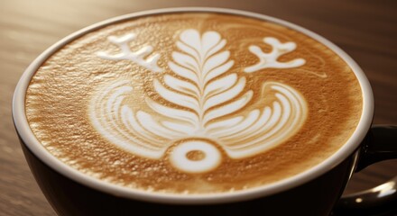 Latte art close up in a dark mug on a wooden table