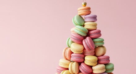 Colorful stacked macarons against soft pink background for desserts and celebrations