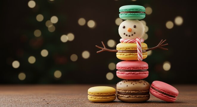 Macarons snowman arrangement with festive decorations and bokeh background