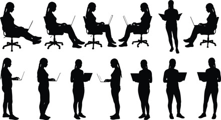 Woman silhouette using laptop, sitting and standing positions, modern office worker, digital technology concept, remote job, professional workspace 