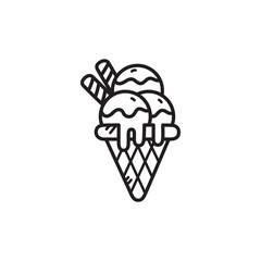 Minimalist Ice Cream Cone Outline Icon with Waffle and Three Scoops in Black on Transparent Background Food Dessert Sweet Treat Vector Illustration