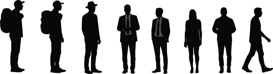 Silhouettes of diverse people standing and walking, group of men and women in different poses, business and casual concept illustration, isolated