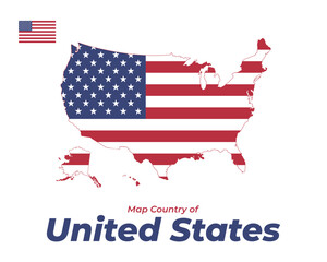 Map of United States with national flag colors and coat of arms inside. Vector illustration of American country outline, patriotic symbol design.