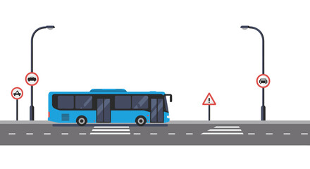 A blue bus travels along a street with road signs and pedestrian crossings © Satya