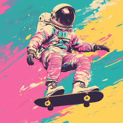 Astronaut skateboarding in vibrant pop art cosmic style