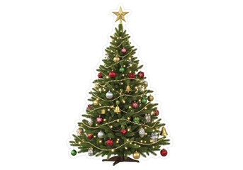 Obraz premium Vibrantly Decorated Christmas Tree with Twinkling Lights, Baubles, and Golden Star on Isolated White Background, Perfect for Holiday Season