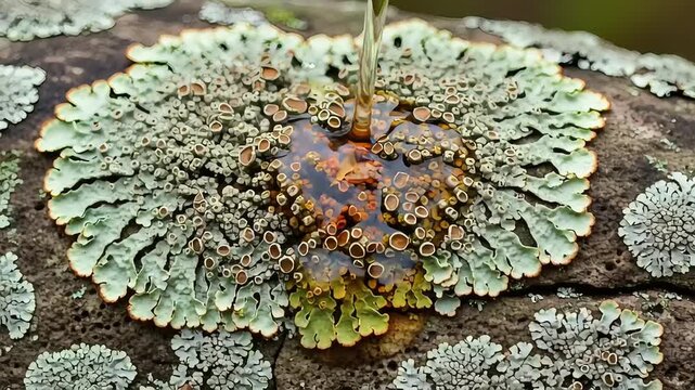 Close up of lichen on a rock with water dripping onto it.