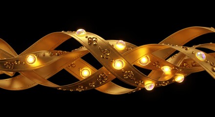 Golden ribbon design with illuminated details on black background