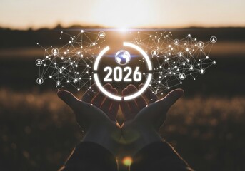 Hands cupping glowing 2026 with a global digital network and social connections, symbolizing future technology, progress, and interconnectedness against a warm sunset backdrop.