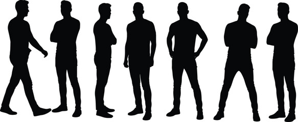 Silhouette of men standing and walking in different poses, group of male figures isolated on white background, vector design illustration