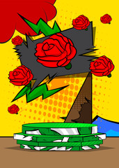 Comic Book Product podium stage for mockup presentation with Red Rose. Retro comics background.