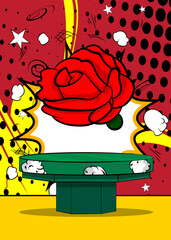 Comic Book Product podium stage for mockup presentation with Red Rose. Retro comics background.