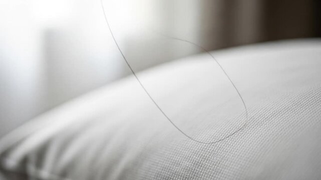 Close-up of a single strand of hair on a white pillow, indicating hair loss or shedding.