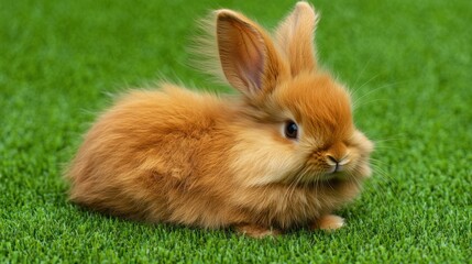 Fluffy orange bunny sits on green grass, outdoors, spring
