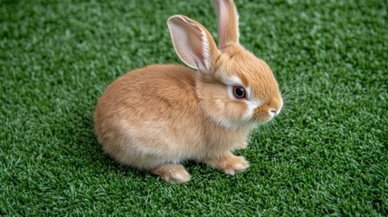Adorable brown bunny sitting on green artificial grass, blurred background, pet advertising