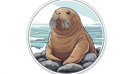 Arctic walrus resting on rocks, ocean background, wildlife illustration