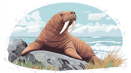 Walrus resting coastal rocks ocean background wildlife illustration