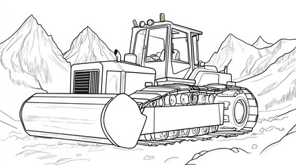 Bulldozer Mountain Construction Line Drawing