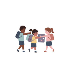 Three children interacting while carrying backpacks and school supplies.