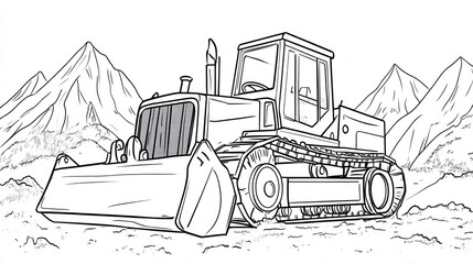 Mountain bulldozer illustration, land clearing, coloring page