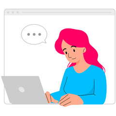 Cheerful Woman with Pink Hair Typing on Laptop with Speech Bubble on White Background Flat Vector Illustration for Online Communication