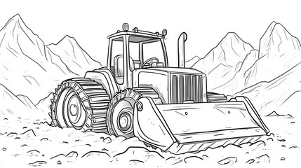 Mountain Tractor Digging Rocks, Construction Illustration